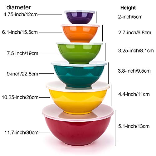 KX-WARE Melamine Mixing Bowls with Lids - 6 Piece Melamine Bowls and 6 Piece Plastic Lids, Multicolor