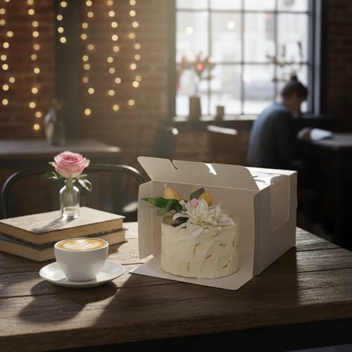 10 Packs Cake Boxes 8Inch, White Bakery Carrier with Window, Cardboard Cake Containers with Handle for Cookie Dessert, Cajas Para Postres for Birthday Wedding Party Valentine's Day