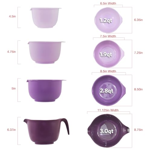 Glad Mixing Bowls with Pour Spout, Set of 4 - Nesting Plastic Bowls (1.2qt, 1.9qt, 2.8qt, and 3qt with Handle) - Non Slip Base, Dishwasher Safe Kitchen Cooking and Baking Supplies, Purple - color: 4pc Purple, size: 4 count