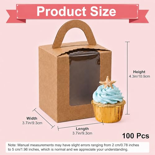 100 Pack Cupcake Boxes Individual, Brown Kraft, 3.7 x 3.7 x 4.3 In