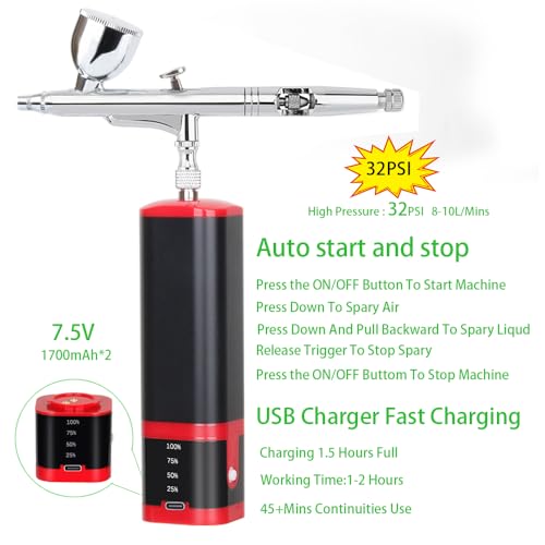 Portable Upgraded Dual-Action extra battery Airbrush kit with compressor-replaceable battery Cordless Air Brush Set for Leather furniture repair,Nail Art,Painting,Cake,Model,Tattoo,T-shirt - color: Red+black