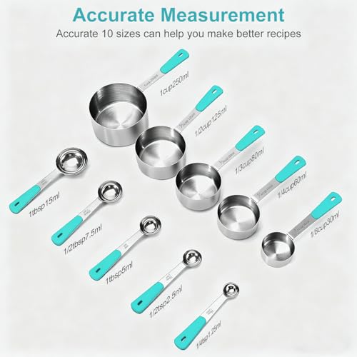 Bopei 10-Pcs Stainless Steel Measuring Cups & Spoons Set, Aqua Sky Handles - color: Aqua Sky