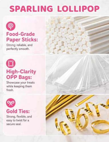300Pcs Lollipop Sticks and Wrappers Kit, 100Pcs 6IN Cake Pop Stick, 100pcs Clear Candy Treat Bags Parcel, 100pcs Gold Twist Ties for Lollipops, Candies, Chocolates Cookies - color: 300PCS white