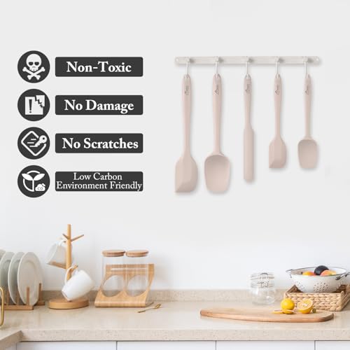 HOTEC 600℉ Heat Resistant Silicone Rubber Spatula Set, Khaki, Set of 5 - color: Khaki