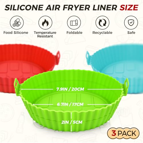 Buauty 3 Pack Air Fryer Silicone Liners 8inch Air Fryer Silicone Pot Reusable Food Grade Silicone Airfryer Liners Baking Basket Accessories Replacement of Flammable Disposable Parchment Paper - color: 8" Round: Blue+Green+Red