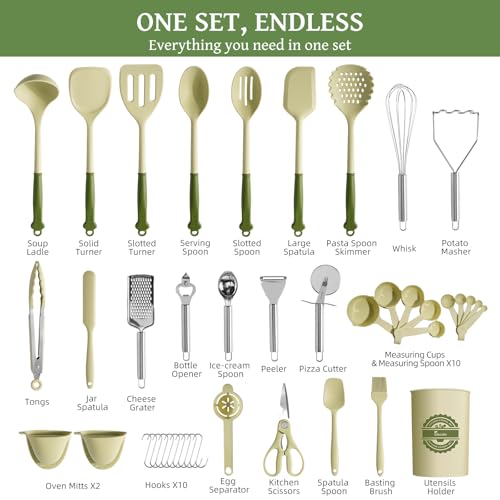 Kikcoin 43 PCS Silicone Kitchen Utensils Set, Cooking Utensils Set, Green - color: Avocado Green