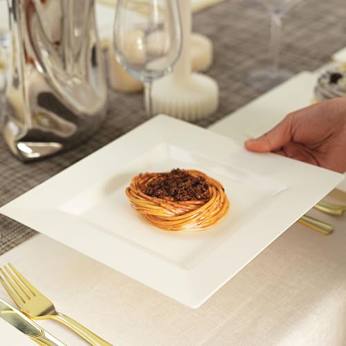 100 Pack Ivory Plastic Square Dessert Plates, 6.5" Disposable Salad Plates - color: Ivory