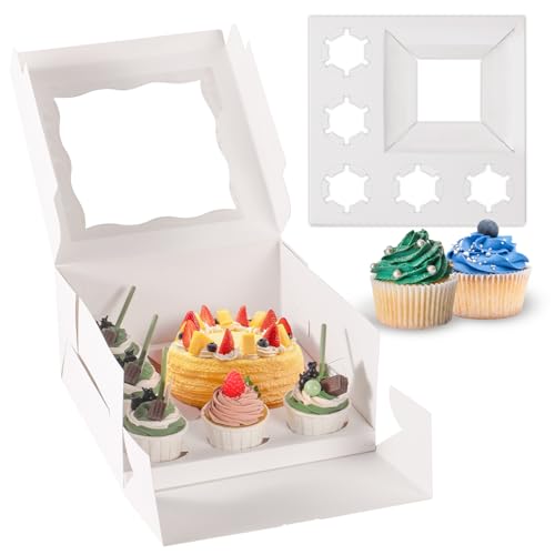 JCD 8 Packs 1+5 Cupcake Box Combo with Clear Window,1 small Cake and 5 Cupcakes Box with insert and Stickers, for Family Birthday Party Mother's day (1+5/8pcs) - size: White 1+5/8Pcs