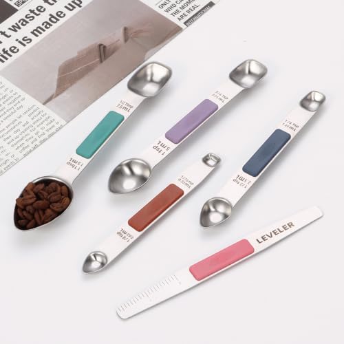 Heavy Duty Stainless Steel Measuring Spoons,Unique Dual-Head Tablespoon and Teaspoon with Bonus Leveler,Engraved Markings,Nonslip Silicone Grip,Great Baking Gift Set(colourful)(set of 5) - color: Measuring Spoons 5pcs(Colorful)