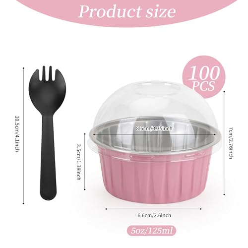 100-Pack 5 oz Pink Mini Cake Pans with Lids, Disposable Aluminum Foil Baking Cups, Muffin Tins, Ramekins for Cupcakes, Brownies, Flan, Pudding - Wedding, Birthday,Baby Shower, Princess Party - color: Pink
