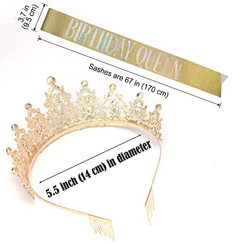 "BIRTHDAY QUEEN" Sash and Tiara for Women Crystal Tiara and Satin Kit for Girl Rhinestones Crown with Comb Glitter Hair Accessories for Prom Party Decoration Cake Topper Accessory Set with Pins - color: Champagne Tiara+Gold Sash