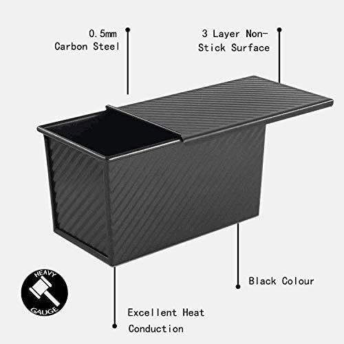 CHEFMADE Pullman Loaf Pan with Lid, 1Lb Dough Capacity Non-Stick Rectangle Corrugated Bread Pan, Carbon Steel Bakeware Toast Mold with Cover for Baking Bread - Black - size: Black 1 lb Corrugated