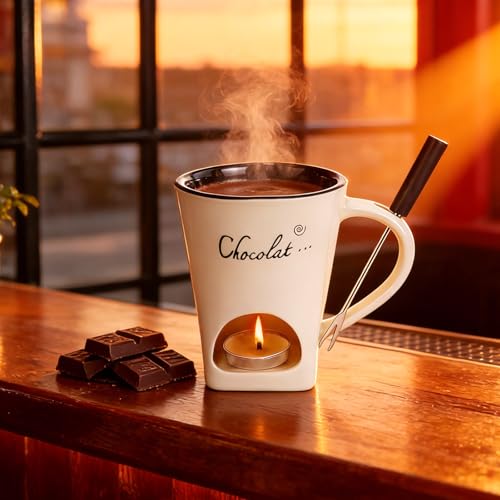 Chocolate Fondue Mug with Fork Sweet Ceramic Personal Chocolate Melting Cup Chocolate Fondue Mug Ideal Gifts for Birthday Date Night Birthday Wedding Gifts (white) - color: White