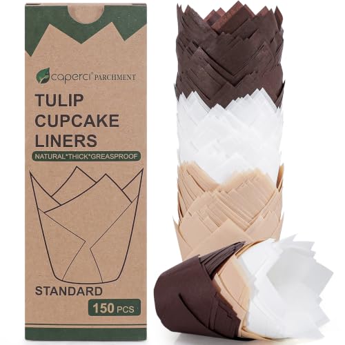 Caperci 150pcs Multicolor Tulip Muffin Cupcake Liners for Baking - color: Multicolor (Natural/White/Brown)