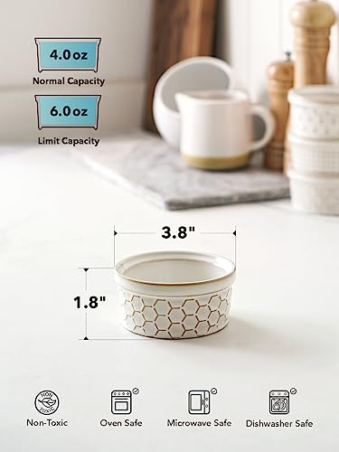 LE TAUCI Ramekins 4 oz Oven Safe for Creme Brulee, Charcuterie Boards Bowls for Souffle, Small Sauce Bowl, Ceramic Baking Dishes - 3.8 inch, Set of 4, Arctic White - size: 4 oz