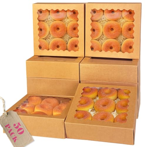 qiqee 10"x 10"x 2.5" Brown Pie Boxes with Window 50Packs Cookie Donut Bakery Box (Auto-pop Up) - color: Brown, 50Packs