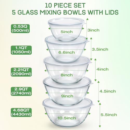 Glass Mixing Bowls with Lids Set of 5(4.7QT, 2.9QT, 2.2QT, 1.1QT, 0.53QT), Thick Glass Large Salad Bowls, Space-Saving Nesting Bowls for Kitchen Baking, Prepping, Cooking, Dishwasher, Microwave Safe