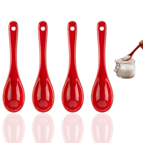 Mini Spoons for Spices, Ceramic Spoon 3.5 inch, Espresso Spoons - color: Red spoon A set of 4