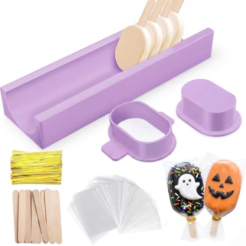 3 Inch Cakesicle Cutter and Cake Pop Mold Set with 8.7in Tray, 100 Wooden Sticks & 100 Bags, Silicone Cakesicle Mold for Homemade Cake Pops, Baking, Birthdays and Party Desserts (Purple) - color: Purple