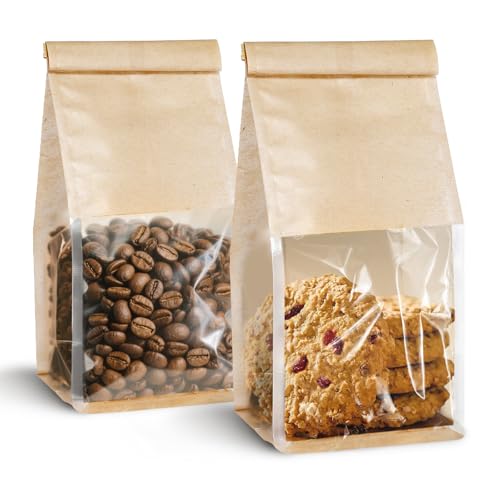 100Pack Kraft Bread Bags with Window and Tin Tie, 3.9 x 3.5 x 9.5 in - color: Brown