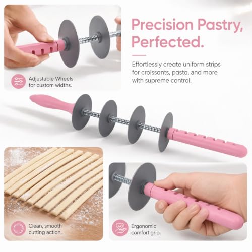 Adjustable Dough Cutter Roller, Multi Wheel Croissant Cutter Rolling Pin, ABS Pastry Roller for Bread Pizza Cookies, Grey Pink
