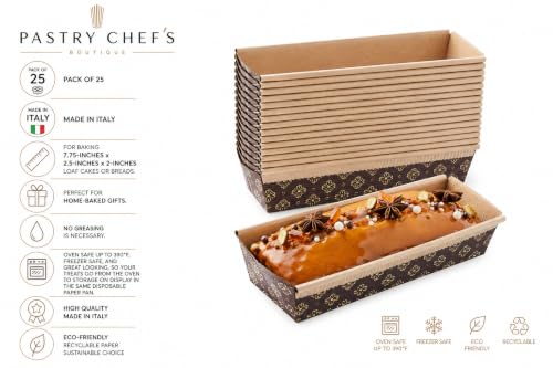 Pastry Chef's Boutique Disposable Rectangular Paper Loaf Pan Molds, All Natural Made, Recyclable, Microwave and Oven Safe, Display Medium Cake Mold - 7.75''x2.5''x2-25pcs - size: Medium (7.75''x2.5''x2'')