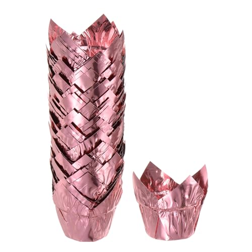 HARFINGTON 50Pcs Tulip Cupcake Liners Standard Aluminum Foil Baking Cups Greaseproof Wrappers Disposable for Birthday Banquets Party, Rose Golden Tone - color: Rose Golden Tone