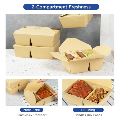 Karat Paper To Go Food Container [76 oz - 200 ct], 2-Compartment Leak-Resistant, Microwavable, Heavy-Duty Take Out Boxes | Grease Resistant & Stackable | #3 Kraft - color: Kraft, size: 76 - 2C