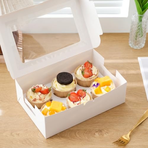 10 Pack Cupcake Boxes 6 Count, White Bakery Containers with Window and Inserts, Food Grade Cardboard Pastry Dessert Box for Muffins, Cookies, and Bake Sales (9.4"x6.3"x3")