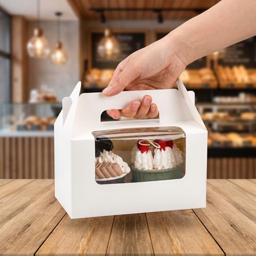 60 Pack 2 Count White Paper Cupcake Boxes with Insert, Handle and Window, Portable Cupcake Muffin Containers, Gable Bakery Gift Boxes Party Favor Treat Boxes for Wedding Birthday