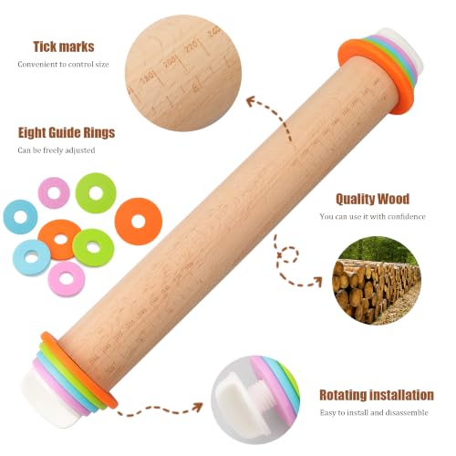 Adjustable Rolling Pin with Thickness Rings, 14 Inch Wood Roller - size: 14INCH