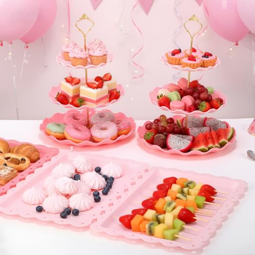FoldTier 6 Pack Cupcake Stand Set 3 Pcs 3 Tier Gradient Dessert Table Display Stands Cookie Tray Rack 3 X14 in Rectangle Party Trays for Wedding Birthday Tea Party Baby Shower (Pink,Round) - color: Pink, style: Round