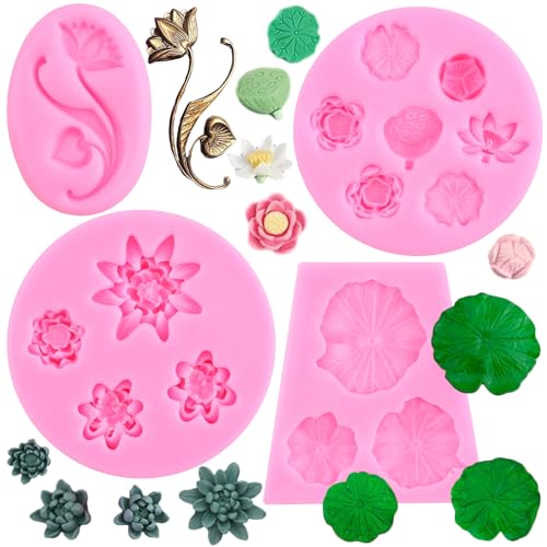 ZiXiang Lotus Flower Silicone Molds Lotus Leaf Fondant Mold Lily Pad Silicone Molds For Cake Decorating Cupcake Topper Chocolate Candy Polymer Clay Gum Paste Set Of 4 - color: Style A