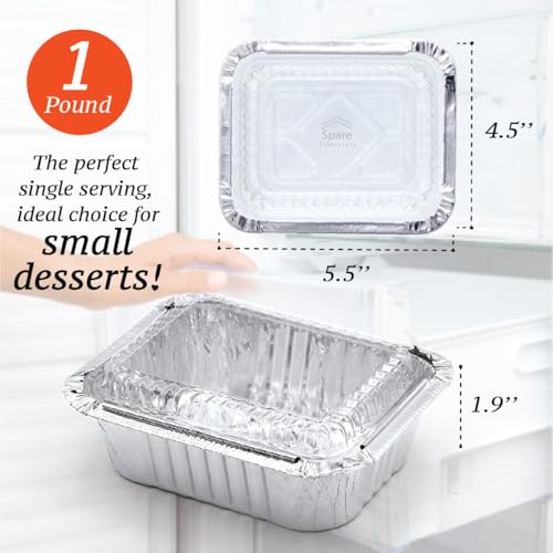 (55 Pack) 1 Lb Aluminum Pans with Lids, Disposable Baking Foil Containers, Takeout Food Storage, Freezer - Mini Foil Pans with Clear Lids for Restaurants & Catering - Size 5.5x4.5x1.9 Spare Essentials - size: 1 lb - 55 Pack