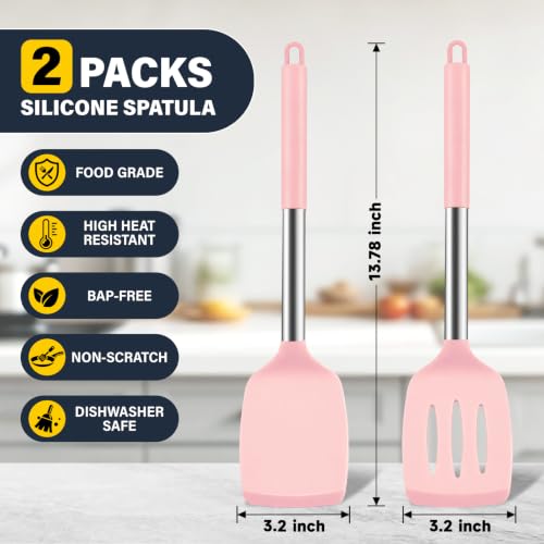 2 Pack Silicone Spatula Set, Solid & Slotted Turner for Non-Stick Pans - color: Pink