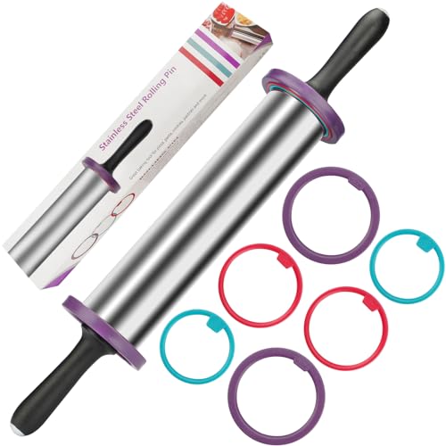 Adjustable Stainless Steel Rolling Pin with Thickness Rings 19 Inch - color: Silver