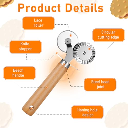 Oruola Pasta Wheel Cutter, Double Fluted Pastry Cutter Wheel,Double-Blade Ravioli Cutters,Stainless Steel Double Roller Dough Cutters with Wooden Handle for Pizza,Ravioli,Cookies
