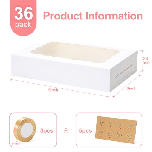 36 Pack Cookie Boxes with Window, 9x6x2.5 Inch White Bakery Boxes - color: white, size: 9x6x2.5 in