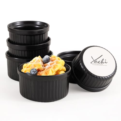 Yachi Ramekins Black, 6 oz Ceramic Set of 6 Stoneware Bakeware for Souffle Sauces Dipping Onion Soup Lava Cake Flan Creme Brulee Kit Pudding Mini Custard Oven Safe - color: Black, size: 6 OZ
