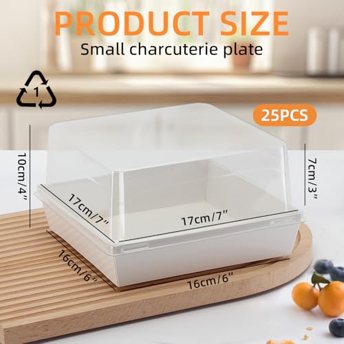7 x 7 x 4 Inches Paper Charcuterie Boxes with Clear Lids, 25 Pack Large Clear Cake Boxes for 4-6 Inch Cake, Disposable Bakery Boxes Food Containers for Cupcakes,Pie,Cookies, Cocoa Bomb White - color: White