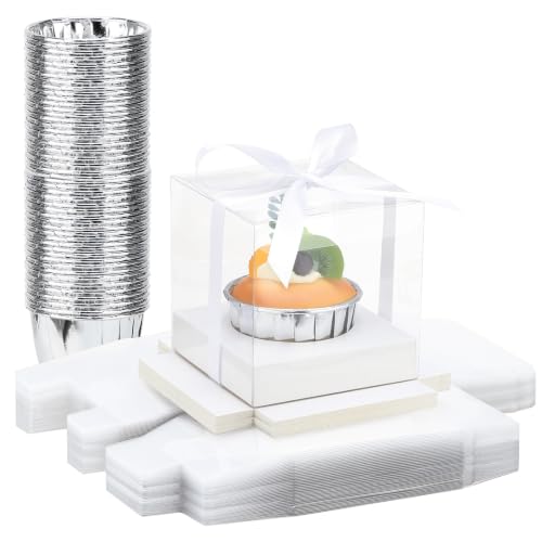EUSOAR Cupcake Boxes Individual with Silver Cupcake Liners, 50pcs 3.5 Inch Cupcakes Holder and 50pcs 3.5oz Muffin Cups, Dessert Pastry Box Disposable Cupcakes Carrier for Wedding Party Favor Bakery - color: White/Silver