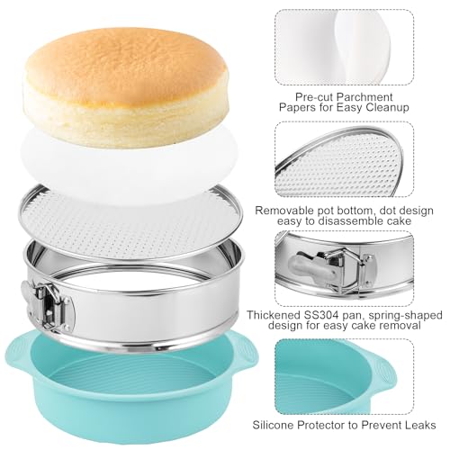 9 Inch Cheesecake Pan, Leakproof 304 Stainless Steel Springform Pan with Silicone Protector for Water Bath Baking, Removable Bottom, 50 Pcs Parchment Paper, Dishwasher Safe - size: 9 inch