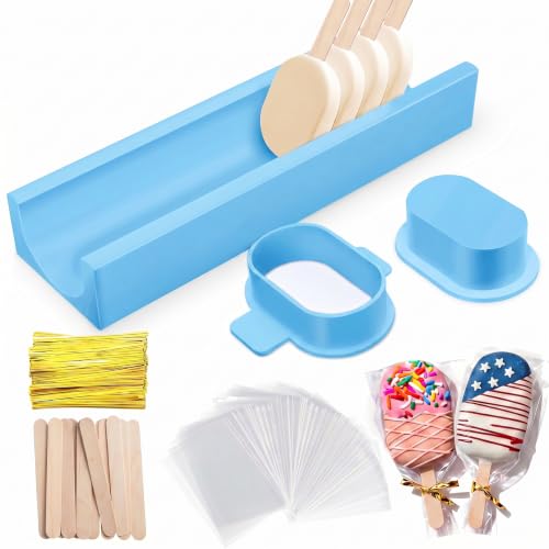 3 Inch Cakesicle Cutter and Cake Pop Mold Set with 8.7in Tray, 100 Wooden Sticks & 100 Bags, Silicone Cakesicle Mold for Homemade Cake Pops, Baking, Birthdays and Party Desserts (Sky Blue) - color: Sky Blue