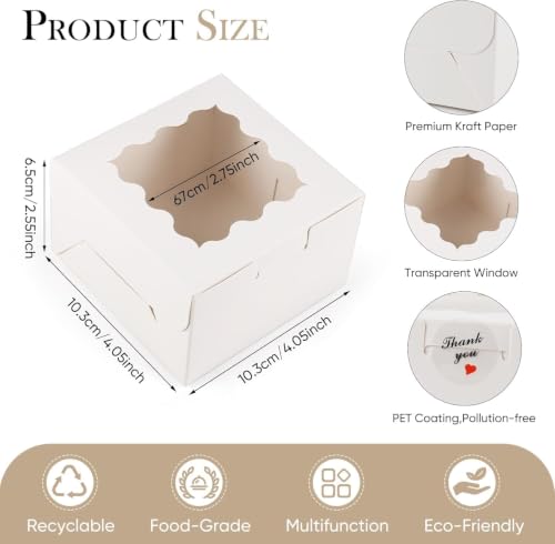 Cookie Boxes with Window, 4x4x2.5 Inch White Bakery Box (100)