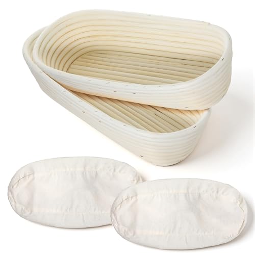 2 Pack 13 Inch Oval Bread Proofing Basket,Banneton Basket Bread Baking Bowl with Linen Liner Cloth, Perfect for Professional & Home Sourdough Breads Baking, Artisan Sourdough Breads
