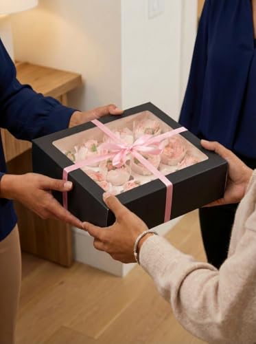 qiqee Auto-pop Up Cupcake Boxes with Window Black 40PCS 12 Count Cupcake Box 13"x10"x3.5" Cupcakes Carrier, 12 Cupcake Containers with 2 rolls of pink ribbons - color: Black, size: 12 Holder/40 Packs