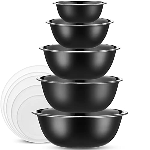10-Piece Stainless Steel Mixing Bowl Set with Lids for Food Prep & Storage - color: Black Bowls - With White Lids
