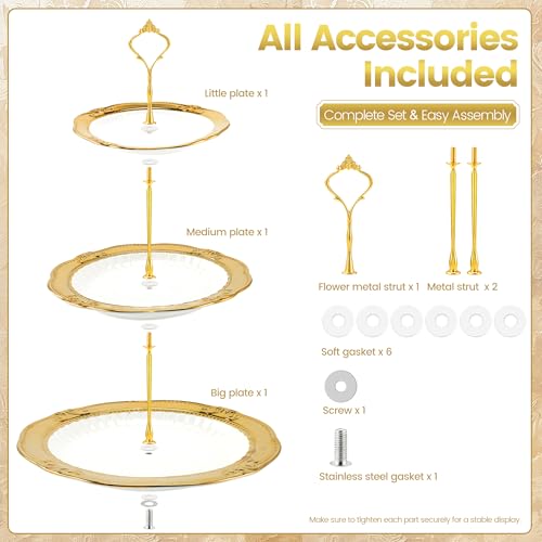 Kochorie 3 Tier Round Ceramic Cupcake Stand Gold Rim White Serving Tray - style: Round