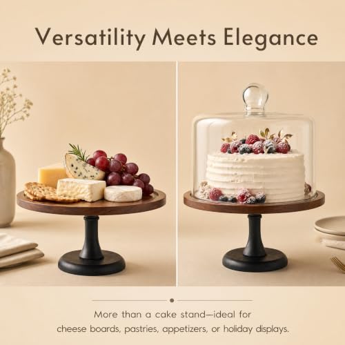 Glass Cake Stand with Dome, 11.5-Inch Bamboo Base, Dessert Display