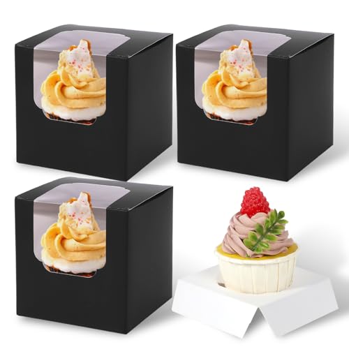 JCD 120 Boxes+120 Inserts Black Cupcake Boxes Individual Cupcake Container 3.5" x 3.5" x 3.5" Auto-Pop up Single cake Box for Bakery Gift Giving (Black/120Pcs) - color: Black/120Pcs